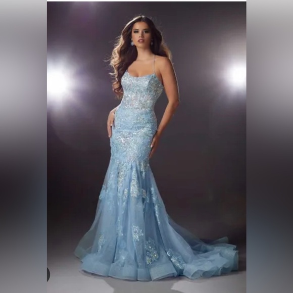 Morilee Sequin Tulle Prom Dress 48029 Elegant Blue Lace Evening Gown - Picture 1 of 6